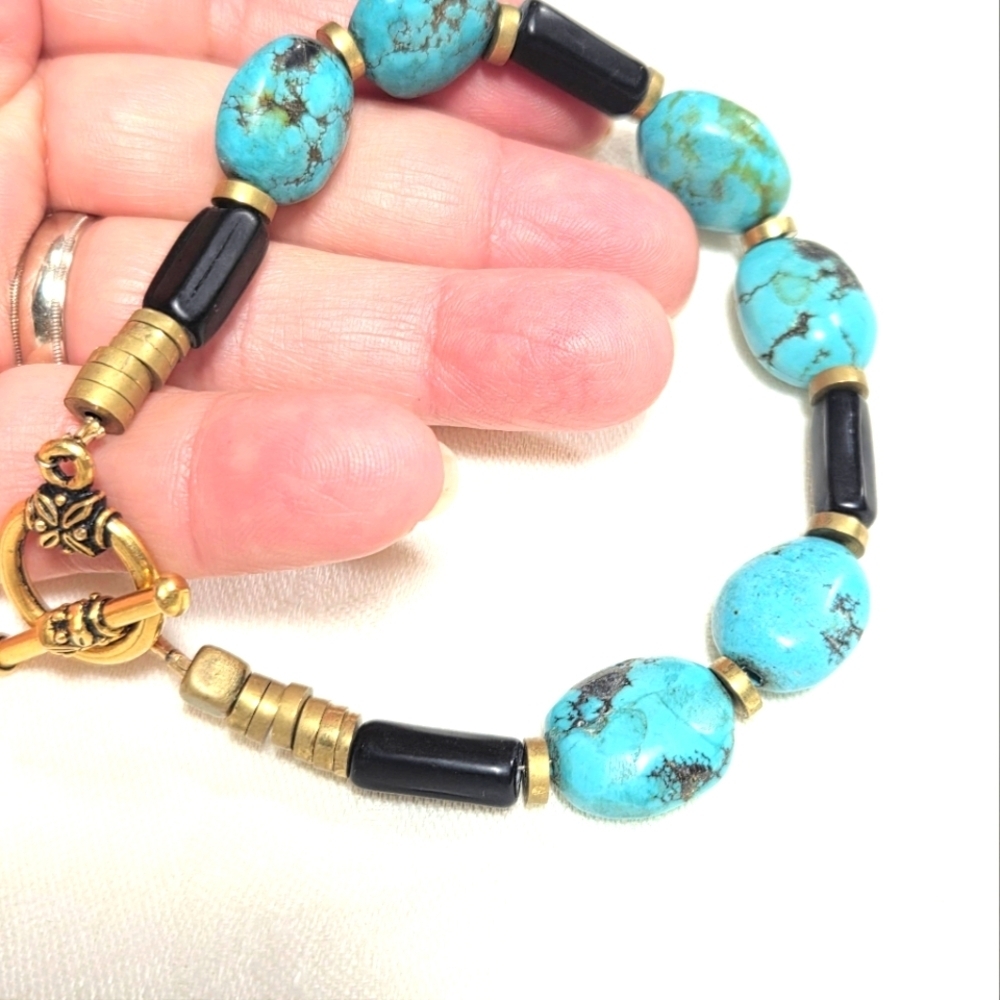 Turquoise and Black Beaded Bracelet Boho Style Brass Beads